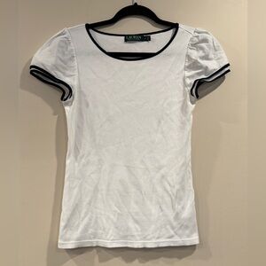 🔥Ralph Lauren White Puff Sleeve Top with Black Trim Women’s Sz M Like New🔥